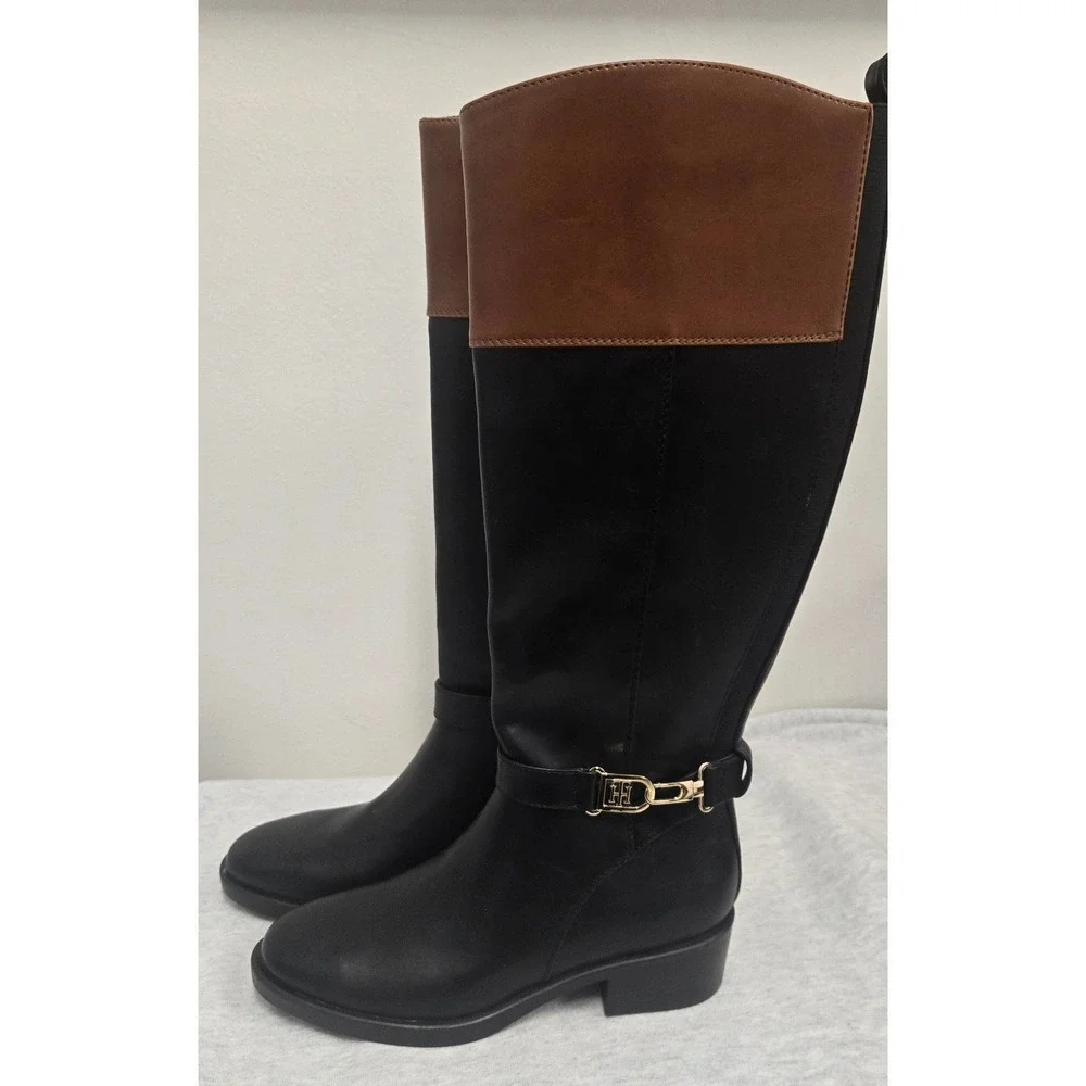 Tommy Hilfiger Black knee-high boots with brown  panel at top.  size:6M  #kneehi